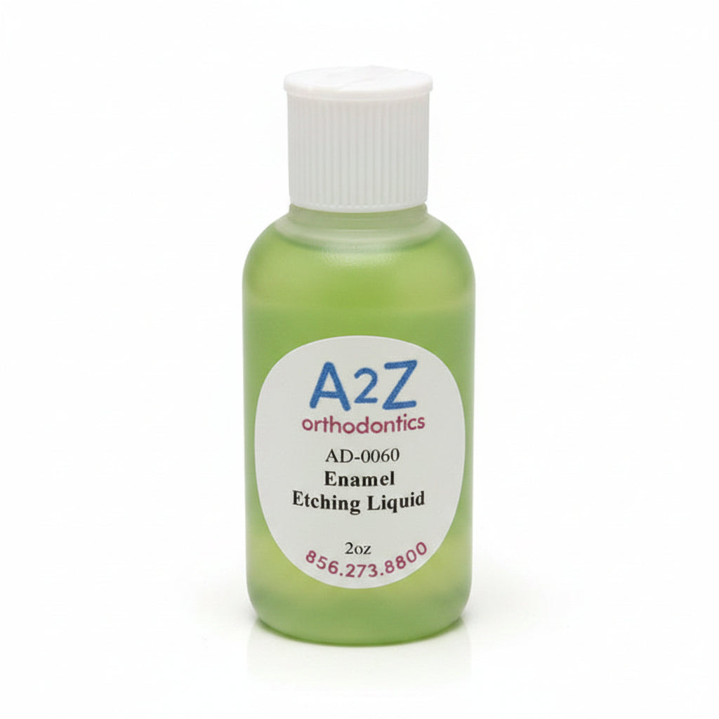 Green bottle of A2Z orthodontics enamel etching liquid on a white background