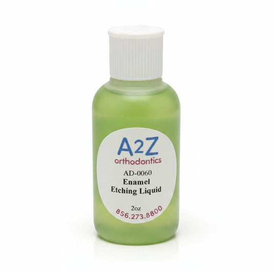 Green bottle of A2Z orthodontics enamel etching liquid on a white background